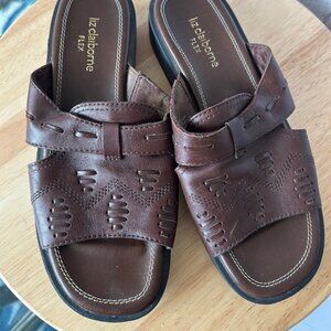 Liz Claiborne Flex Shoes Sandals Brown Sz 6 1/2 Boho Aztec Comfort Slipon Casual